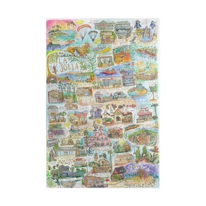May include: A colorful hand-drawn illustration of La Jolla, California, featuring landmarks, shops, and businesses. The illustration is filled with details, including people, cars, and animals. The text "La Jolla" is prominently displayed in the center of the image.