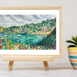 La Jolla Shores Watercolor | La Jolla cove artwork | La Jolla Impressionist art print | San Diego watercolor | Ocean Watercolor palm trees