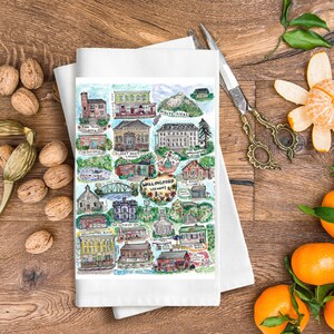 Wallingford Vermont tea towel | Wallingford Vermont dish towel | Wallingford VT artwork | Boy and the Boot dish towel | Vermont town towel