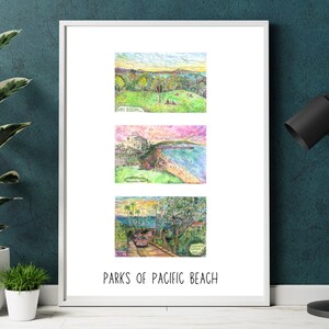 Parks of Pacific Beach poster | San Diego Parks drawing | Kate Sessions Park |Tourmaline Beach | Palisades Park Law Street beach drawing