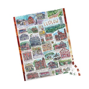 May include: A colorful illustrated map of Ludlow, Vermont, featuring various local businesses and landmarks. The map includes names like "Okemo + Jackson Gore", "The Town Hall", "Black River", and "Lake Pauline".