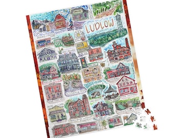 May include: A colorful illustrated map of Ludlow, Vermont, featuring various local businesses and landmarks. The map includes names like "Okemo + Jackson Gore", "The Town Hall", "Black River", and "Lake Pauline".