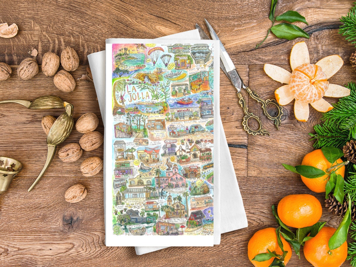La Jolla tea towel | San Diego tea towel | UCSD tea towel | La Jolla Kitchen towel | San Diego Kitchen Towel | La Jolla Watercolor towel