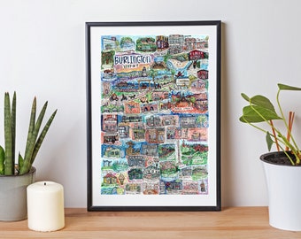 Burlington Vermont watercolor art poster | Vermont watercolor poster | University of Vermont | Church Street Art |  Champlain College art