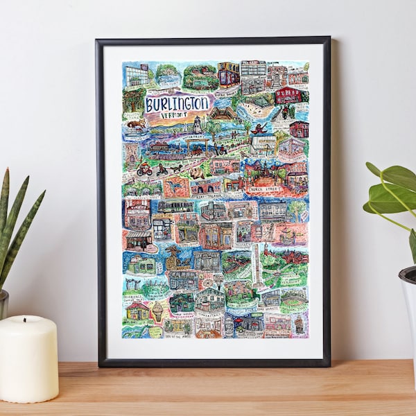 Burlington Vermont watercolor art poster | Vermont watercolor poster | University of Vermont | Church Street Art |  Champlain College art