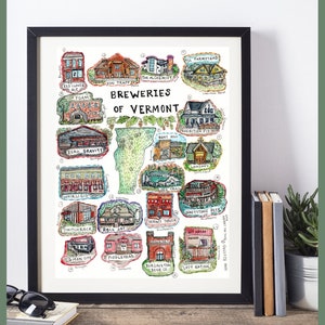 Vermont breweries art poster | Vermont Beer watercolor art | Long Trail brewery | Zero Gravity | Switchback Brewery | Vermont brewery gift