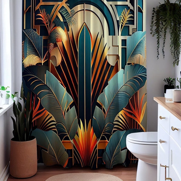 Shower Curtain - Art Deco Isles | Polyester | Flower Pattern | Botanical | Tropical | Beach | Art Deco | Botanical | Bathroom