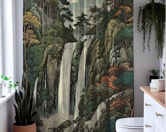 Schöner japanischer Wasserfall Duschvorhang, Ukiyo-E Natur Portrait Holzschnitt Duschvorhang