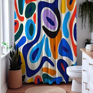 Abstract Patterns Shower Curtain, Bold Colors Bathroom Drapes, Henry Matisse Inspired, Bathroom Decor