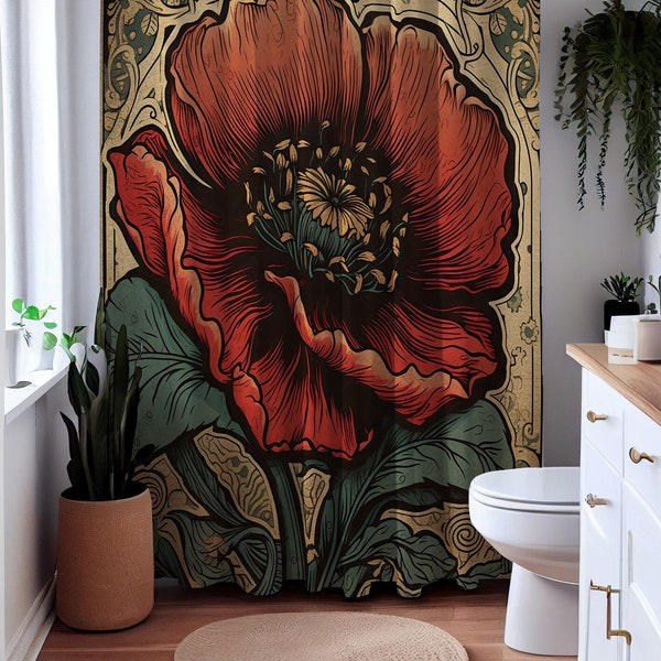 Washable Shower Curtain Red Poppy Flower Art Nouveau Style, Mold and Mildew Resistant Drapes of Botanical Poppies Floral Wildflowers