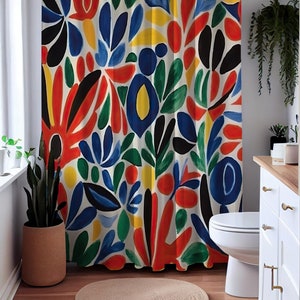 Abstract Patterns Shower Curtain, Bold Colors Bathroom Drapes, Henry Matisse Inspired, Bathroom Decor