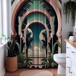 Shower Curtain - Art Deco Isles | Polyester | Flower Pattern | Botanical | Tropical | Beach | Art Deco | Botanical | Bathroom