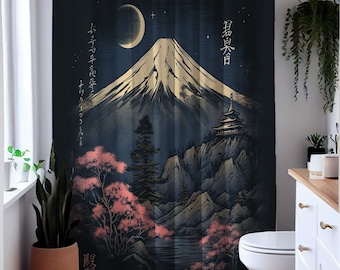 Mount Fuji Japanese Shower Curtain, Kanji Rutpink Trees Bath Drapes, Bathroom Decor