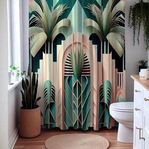 Shower Curtain - Art Deco Isles | Polyester | Flower Pattern | Botanical | Tropical | Beach | Art Deco | Botanical | Bathroom