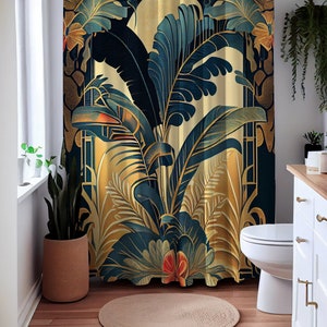 Shower Curtain - Tropical Art Deco | Polyester Shower Curtain | Bathroom | Housewarming Gift | 71x74 | Floral | Chic