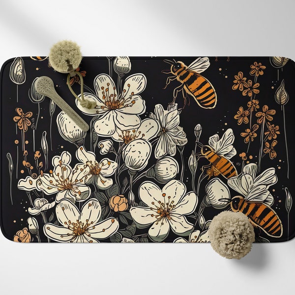 Cute Bath Mat Bees Pollinating Spring Flowers, Summer Bathroom Rug Adorable Bumblebees White Floral Scene