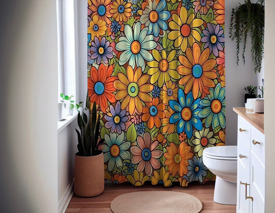 Flower Power Shower Curtain, Colorful Hippy Bath Drapes, 70s Theme