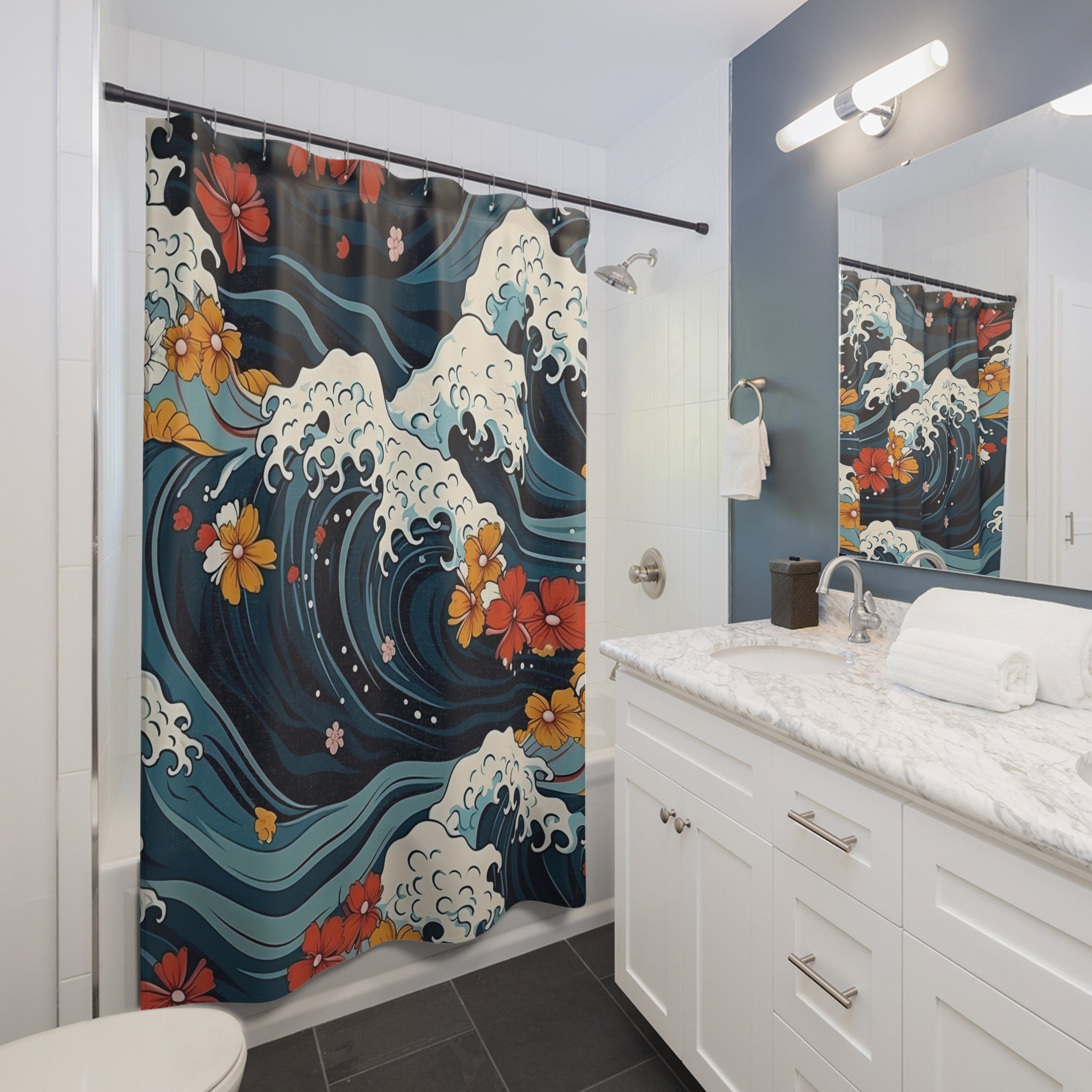 Japanese Waves Shower Curtain Ukiyo-e Flowers Bath Drapes - Etsy
