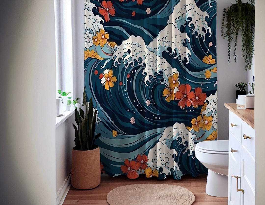 Japanese Waves Shower Curtain, Ukiyoe Flowers Bath Drapes, Kanagawa