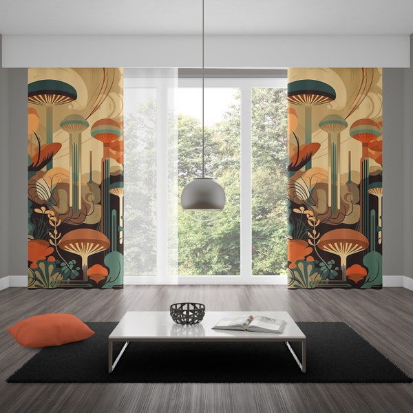 Rideau de fenêtre champignon art déco, drapé de champignon de mouvement artistique, décor à la maison lunatique de motif géométrique, traitements de fenêtre