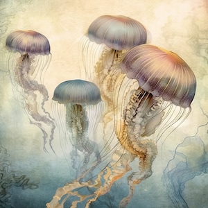 Decoupage Vintage Jellyfish, Muted Colors Digitally Printed Tissue Paper, Sustainable, Recycled, Cynthia Coulter Inspired