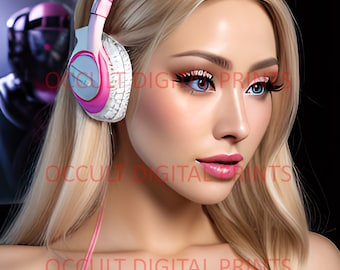 May include: A woman with blonde hair wearing pink headphones and a pink bikini top. The woman is looking at the camera.