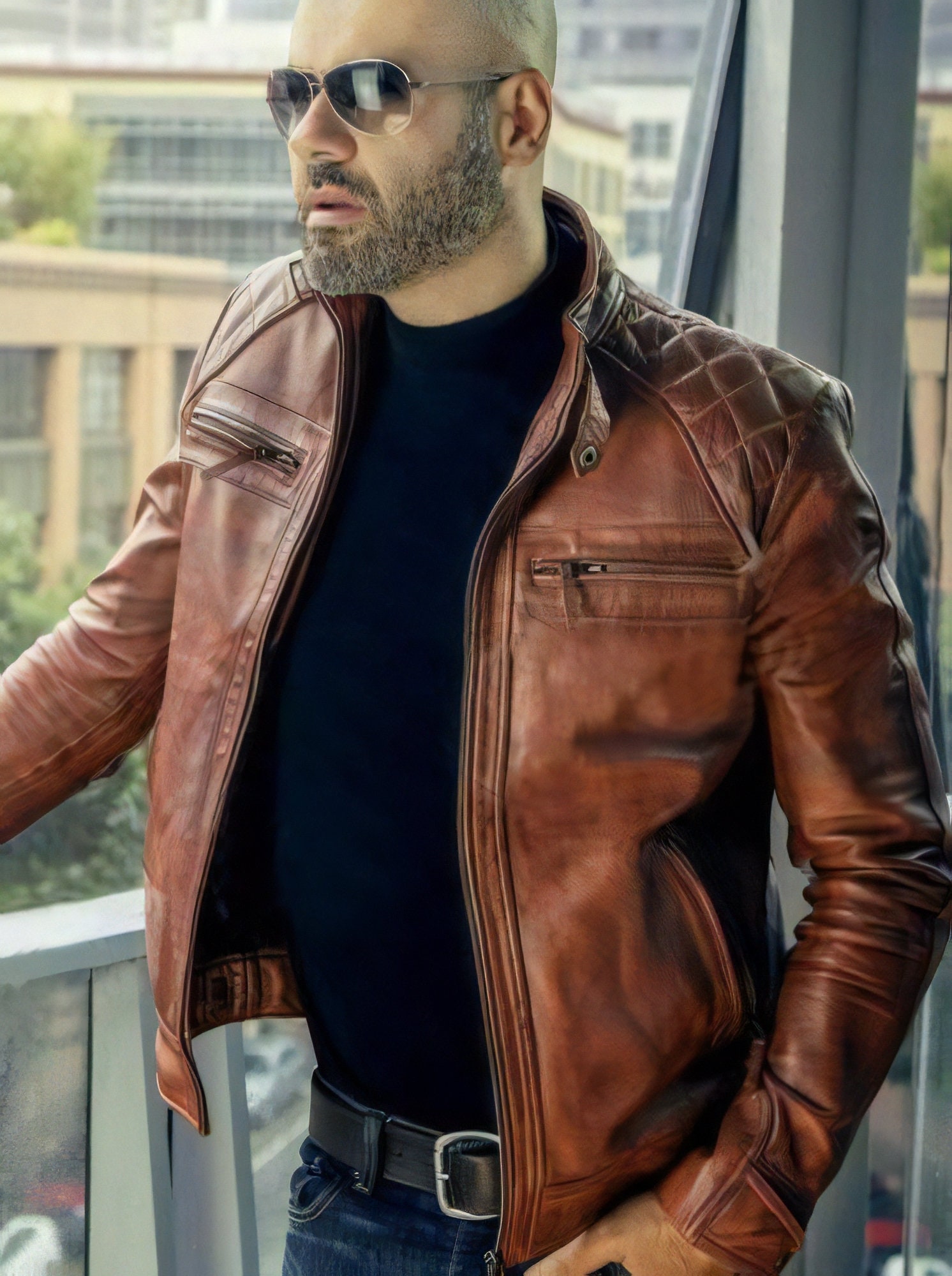 Men's cowhide retro moto style jacket cheap