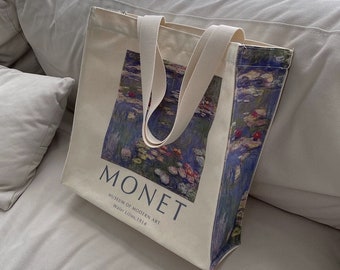 Claude Monet Tote Bag,Painting Art Tote bag, WATER LILIES Printed Canvas Bag, Aesthetic Grocery Bag,Zipper closure Bag,Reusable bag