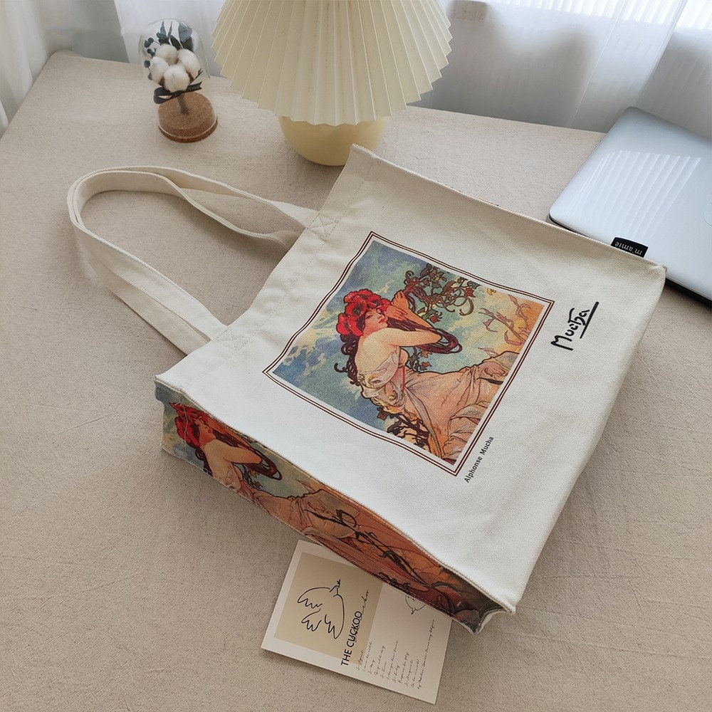 SuyuanArt Alphonse Mucha's Classic Art Tote Bag,Aesthetic Reusable Carry on  Shoulder Tote Women