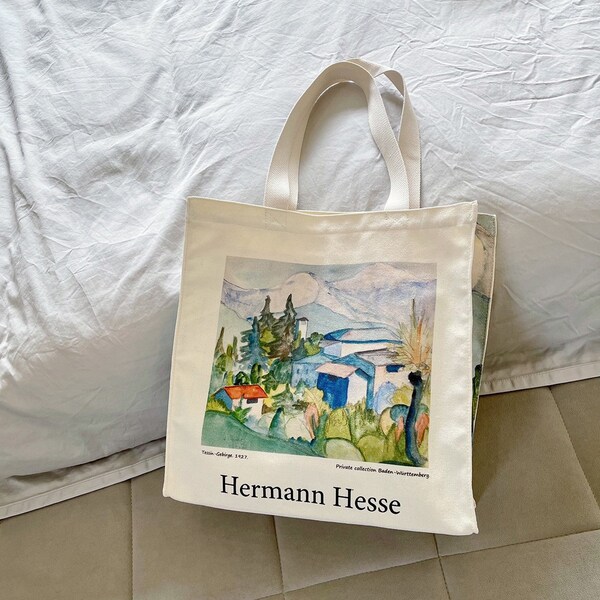 Hermann Hesse Tote Bag, Painting Art Tote bag, Zippered Canvas Bag, Aesthetic Vintage Bag, Reusable and Shopping bag