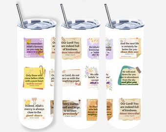 May include: Three white tumblers with colorful sticky notes featuring Islamic quotes and verses. The notes have floral and geometric designs. The tumblers are a great way to add a touch of faith to your daily routine.
