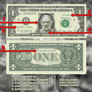 Your Face on Money, Game Money, 1 dollar bill, Party Money, Custom Money, Play Money, Custom Dollar Bill, Personalized dollar