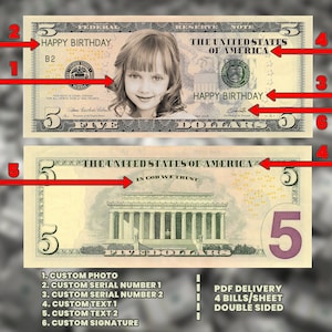 5 Dollar Bill, Your Face on Money, Game Money, Party Money, Custom Money, Play Money, Custom Dollar Bill, Personalized dollar