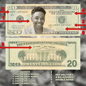 Puede incluir: Un billete de veinte dólares personalizado con una foto de una persona, el texto "Happy Birthday" y las palabras "In God We Trust".