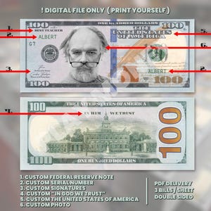 Your Face on Money, Game Money, 100 dollar bill, Party Money, Custom Money, Play Money, Custom Dollar Bill, Personalized dollar