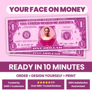Editable 1 dollar bill, Your Face on Money, Pink Theme, Party Money, Custom Money, Play Money, Custom Dollar Bill, Personalized dollar