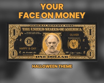 Halloween - Custom 1 Dollar Bills with Your Photo - Printable Double-Sided Cash - Spooky Currency Gift - Black and Orange