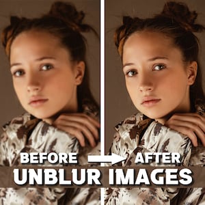 以下が含まれることがあります： 画像の強化ツールの結果を示す、ビフォーアフターの画像。左側の画像は、ぼやけた特徴を持つ若い人を示しており、右側の画像は、同じ人物が鮮明でクリアな特徴を持つ様子を示しています。画像の下には「UNBLUR IMAGES」というテキストが表示されています。