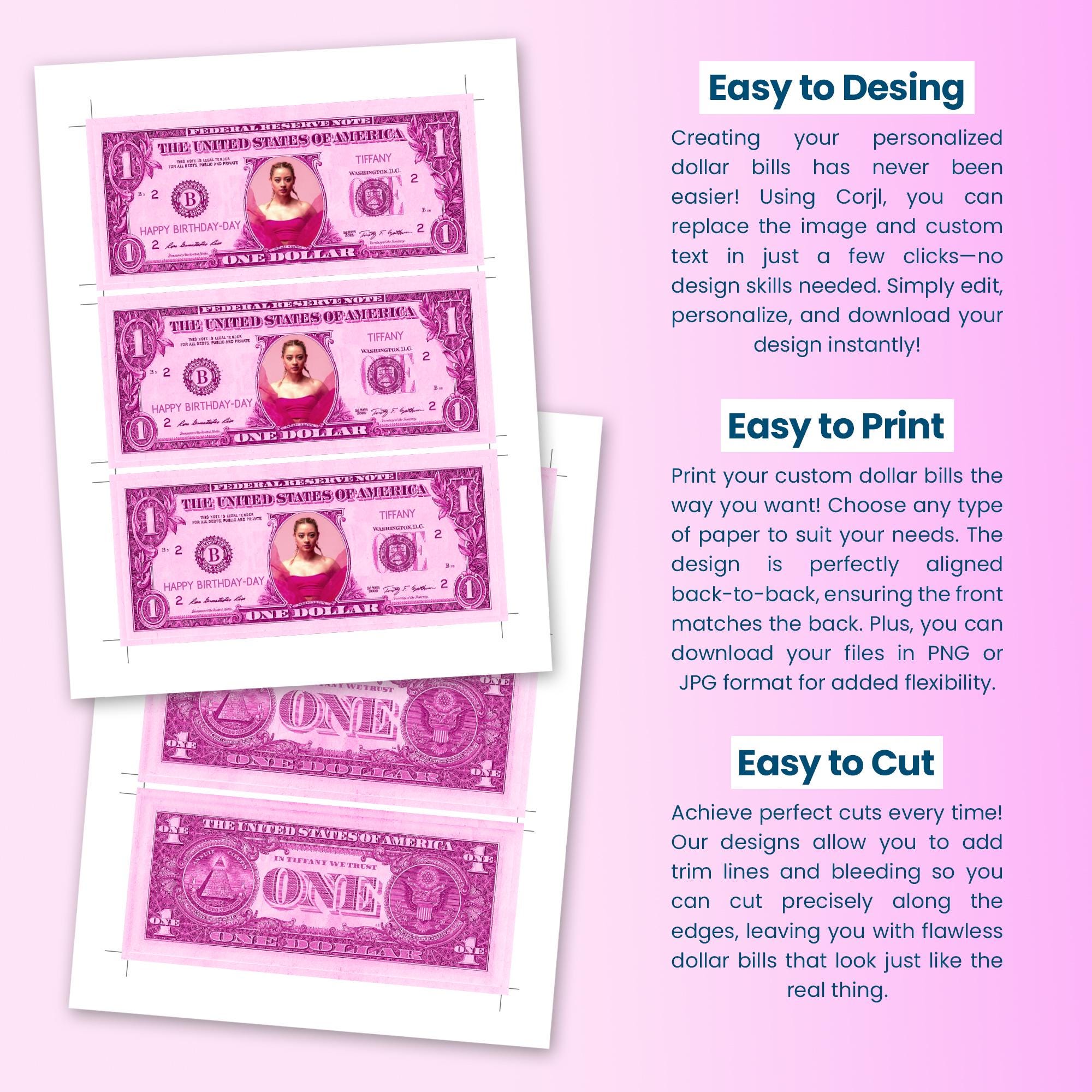 Editable 1 Dollar Bill, Your Face on Money, Pink Theme, Party Money ...