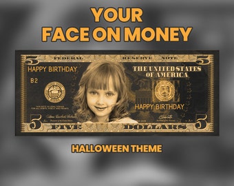 Halloween Fives - Custom 5 Dollar Bills with Your Photo - Printable Double-Sided Cash - Spooky Currency Gift - Black and Orange