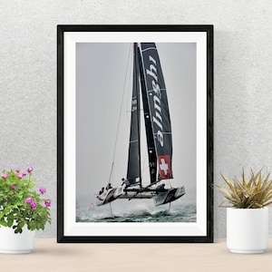 May include: A framed photograph of a catamaran sailboat racing on choppy water under a cloudy sky. The black sail displays the word "Alinghi" in white. The Swiss flag is visible on the sail. Several people are on the boat.