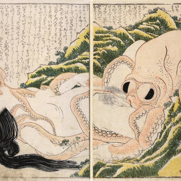 Art estampe japonais: 'Le rêve de la femme du pêcheur' par Hokusai - Conte mythique sensuel dépeint avec des détails exquis