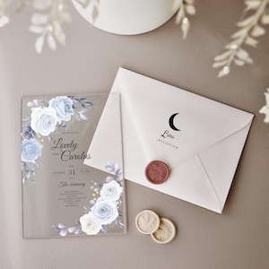 Acrylic Invitation with Blue Roses, Custom Design Plexiglass Wedding Invites, Clear Elegant Invitations for Special Events