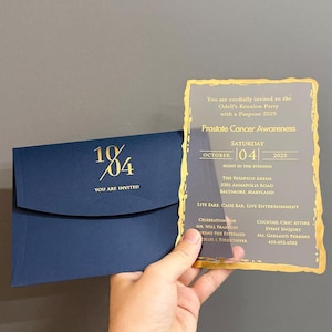 Einladungsset aus goldenem Acryl: Folie, Retro-Design, marineblauer Umschlag