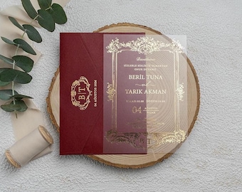 Acrylic Invitations Burgundy and Gold Wedding - Modern Foil Printed Folded & Stationery for