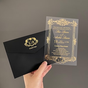 Acrylic Wedding Invitation Suite: Gold Foil, Retro Design, Black Envelope