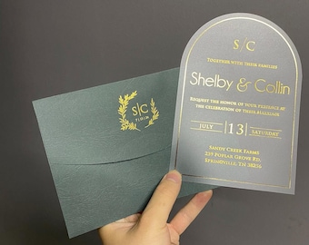 Acrylic Invitation with Green Envelope and Oval Gold Foil Print