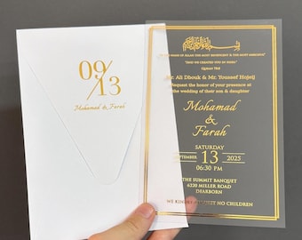 Einladung zur muslimischen Hochzeit aus transparentem Acryl, arabisches Nikah-Design mit Goldfolie und weißem Umschlag