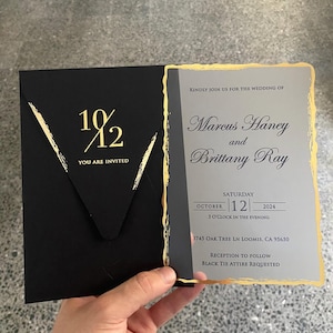 Acrylic Wedding Invitation Gold Foiled Edge, Elegant Black and Gold Retro Invitation for Weddings, Custom Bridal Shower Gift