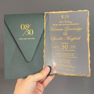 Acrylic Wedding Invitation Gold Foiled Edge, Elegant Green and Gold Retro Invitation for Weddings, Custom Bridal Shower Gift